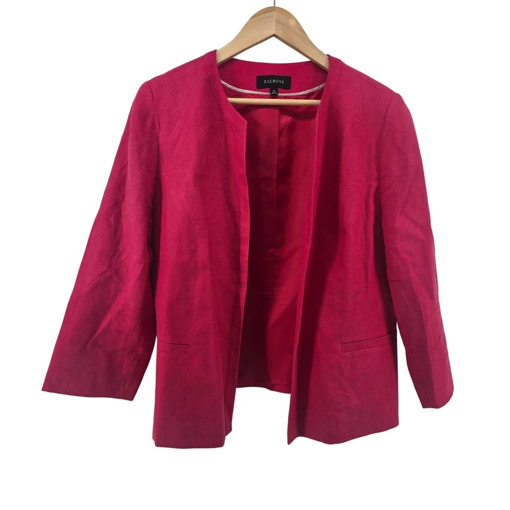 Talbots Linen Blazer Women 14 Pink Open Front Collarless 3/4 Sleeve Jacket